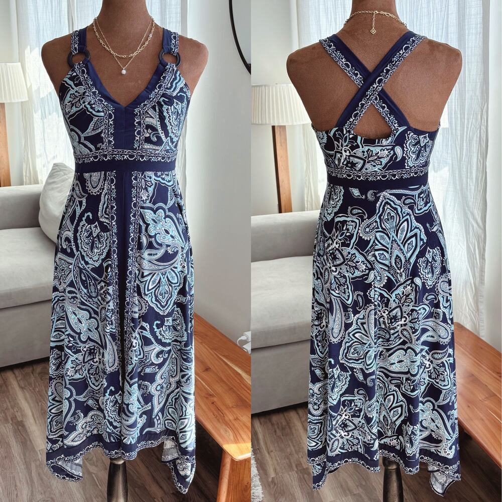2000s Vintage INC‎ Blue Paisley Handkerchief Hem Midi Dress Petite Size Small